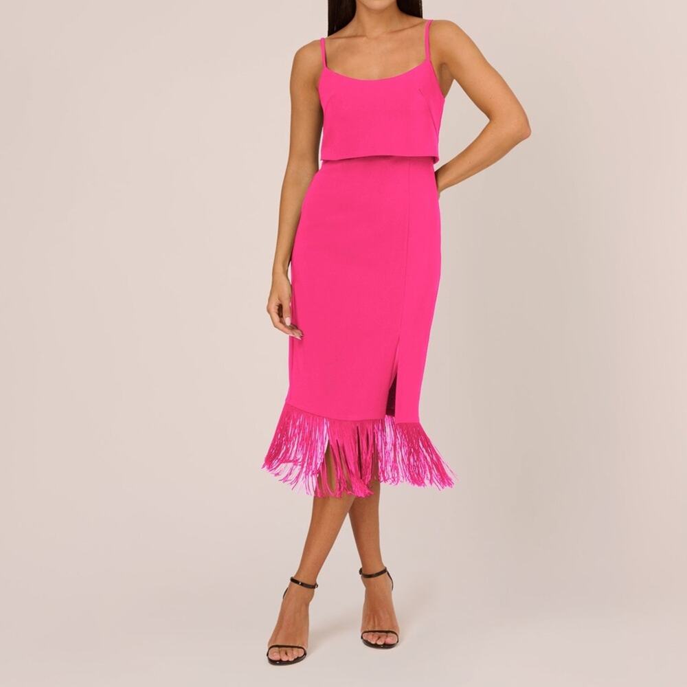 Aidan by Adrianna Papell Crepe Popover Midi Dress Fringe Trim Lipstick Sz 4